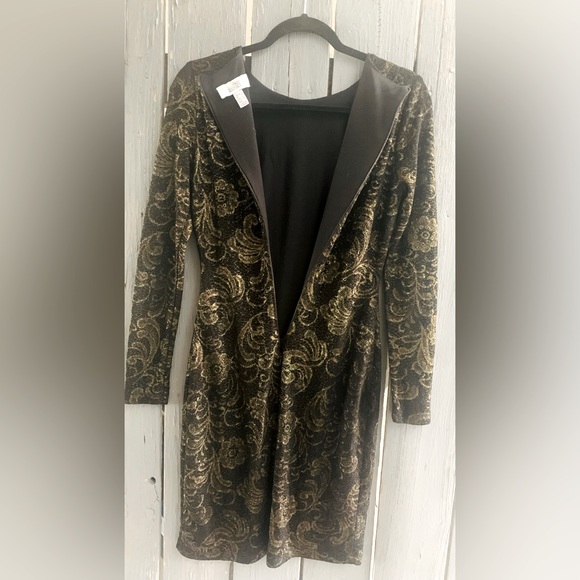 ⭐️🖤 Badgley Mischka Black Gold Long Sleeve Elegant Cocktail Dress-NEOT⭐️⭐️ - Picture 5 of 6